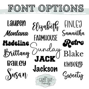 Puede incluir: Sobre un fondo blanco, se muestran varios estilos de fuente. El texto "FONT OPTIONS" est&aacute; en la parte superior. Debajo hay ejemplos de fuentes, incluyendo "Lauren", "Montana", "Madeline", "Brittany", "Bailey", "Susan", "Elizabeth", "Farmhouse", "Sunday", "Jack", "Jackson", "Finley", "Samantha", "Retro", "Blake", "Kimberly" y "Sweety".