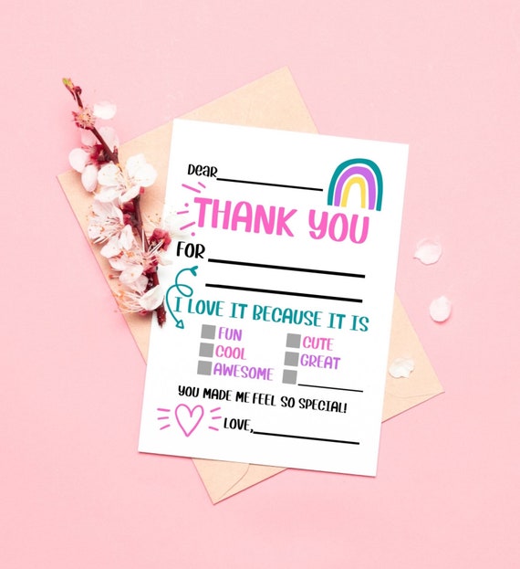 Rainbow PRINTABLE Thank You Cards for Kids INSTANT DOWNLOAD Fill in the Blank Thank You Cards Printable Thank You Notecards Thank You