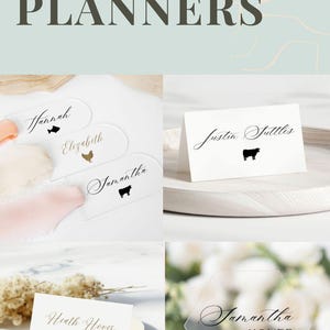 May include: A collection of wedding place cards featuring various designs, including white rectangular paper cards and clear acrylic shapes. The cards display names in elegant script fonts alongside small black or gold animal icons like fish, cows, and chickens.