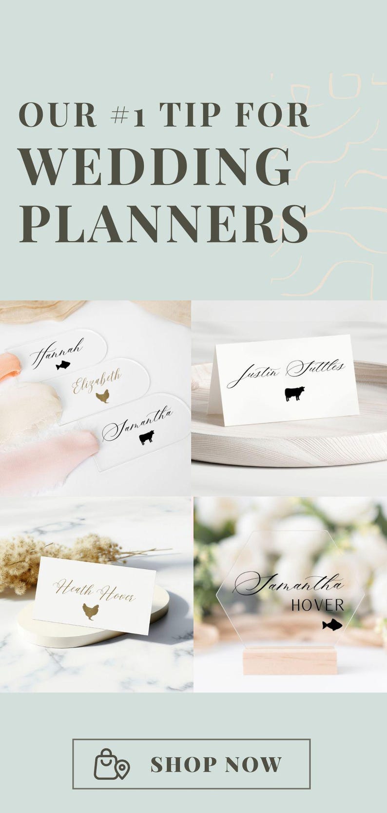 May include: A collection of wedding place cards featuring various designs, including white rectangular paper cards and clear acrylic shapes. The cards display names in elegant script fonts alongside small black or gold animal icons like fish, cows, and chickens.