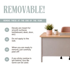 May include: An instructional graphic for removable decals featuring the text REMOVABLE! and REMOVE THESE AT THE END OF THE YEAR. Four numbered steps explain application to smooth surfaces like whiteboards, desks, and doors, with removal instructions.