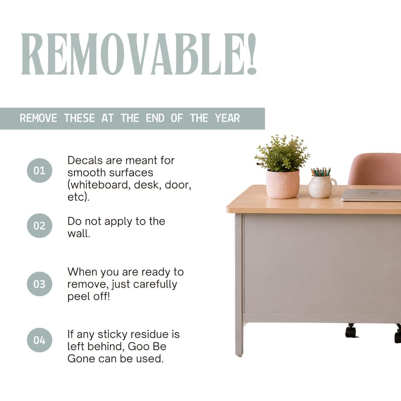 May include: An instructional graphic for removable decals featuring the text REMOVABLE! and REMOVE THESE AT THE END OF THE YEAR. Four numbered steps explain application to smooth surfaces like whiteboards, desks, and doors, with removal instructions.