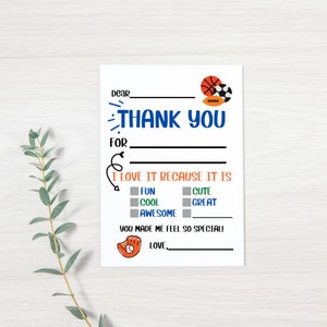Sports PRINTABLE Thank You Cards for Kids INSTANT DOWNLOAD Fill in the Blank Thank You Cards Printable Thank You Notecards Boy Thank You