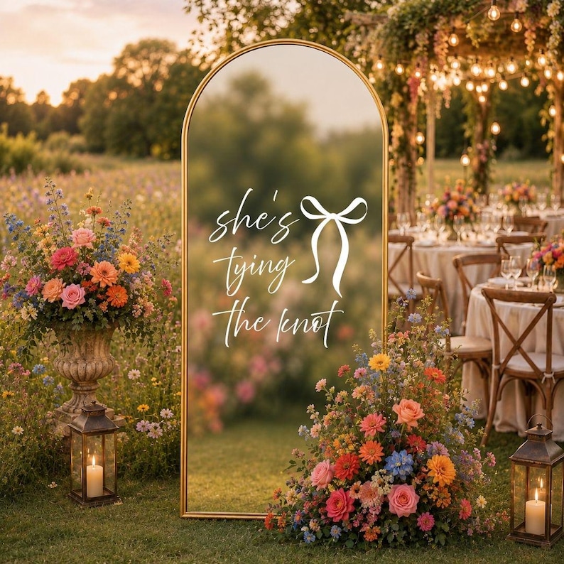May include: An arched floor mirror with a gold frame featuring the white text 'she's tying the knot' and a ribbon graphic. The mirror reflects a grassy outdoor setting with floral arrangements and lanterns placed at the base of the frame.