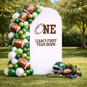 First Year Down Football Theme Birthday Decal Custom Name Football First Birthday Backdrop Decal Arch Sign for 1st Year Down Birthday Theme image 2