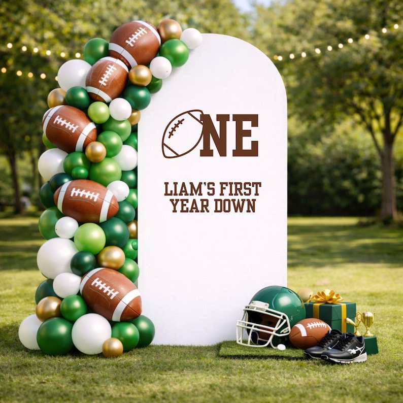 First Year Down Football Theme Birthday Decal Custom Name Football First Birthday Backdrop Decal Arch Sign for 1st Year Down Birthday Theme image 2