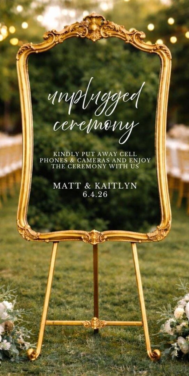 Modern wedding no phones sign for ceremony mirror display