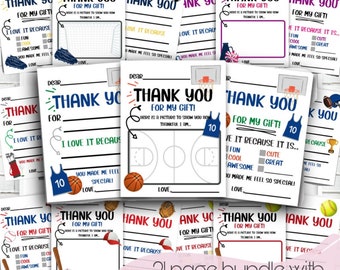 Sports PRINTABLE Bundle Kids Thank You Cards for Toddler Birthday, Digital Template for Printable Activity, Preschool Fill in the Blank