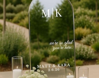 Wedding Mirror Decal Custom Initial Wedding Sticker We're So Glad You're Here Decal Full Length Mirror Wedding Sign Personalized Vinyl