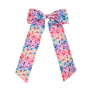 Rainbow Confetti Hair Bow | Hand Tied Fabric Hair Bow | Sailor Bow | Big Hair Bow | Hair Clip | Girls Hair Bow | Long Tails Bow