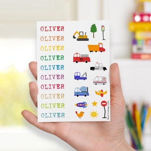 Gepersonaliseerde Sticker Sheet, 25 leuke leuke verjaardagskaart Stickers, dumper politie bouw brandweerwagen, dagboek Planner Dagboek Paascadeau P1