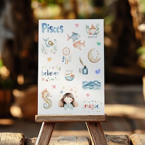 Pisces Sternzeichen Sticker Bogen | Niedliche Aquarell Astrologie Aufkleber | Perfekt für Journale, Laptops und Geschenke