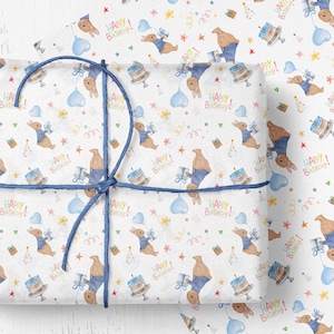 Papier cadeau premier anniversaire garçon, lapin, papier cadeau 1er anniversaire garçon, papier cadeau