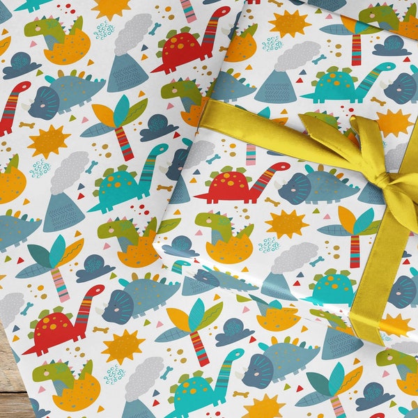 Volcano Dinosaur Wrapping Paper, Gift Wrap Paper girls and boys, fun party colourful Geschenkpapier für Jungen, Dinosaurier Kinder Vulkan