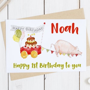 Carte 1er anniversaire cochon et gâteau avec papier cadeau assorti