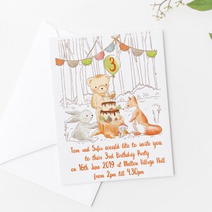 Convites da floresta, convites para festas de aniversário de amigos da floresta, bolo de feliz aniversário com urso raposa e balão de coelho, pacotes de convites