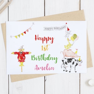 Carte d'anniversaire pour 1er anniversaire de la ferme avec papier d'emballage assorti