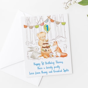 Carte 1er anniversaire avec motif animalier pour fête d'anniversaire avec papier cadeau assorti