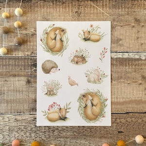 Feuille d'autocollants - animaux de la forêt des bois, renard hérisson, cerf, lapin, autocollants esthétiques pour album de journal, albums, enfants mignons personnalisés Royaume-Uni