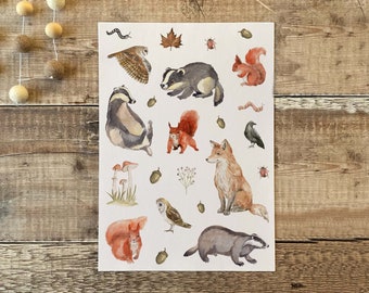 Woodland Animals Sticker Sheet: Forest Fox, Badger, Squirrel - A6