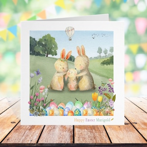 Carte de Pâques - carte de voeux personnalisée de famille de lapin, carte de lapin de Pâques, chasse aux oeufs d'enfants de petit-fils et de petite-fille, aquarelle mignonne de lièvre