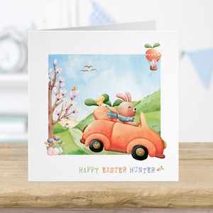 Osterkarte - personalisierte Kaninchen Karotte Auto Grußkarte, Osterhase Karte, Enkel Enkelin Kinder Eiersuche, Hase niedlich Aquarell