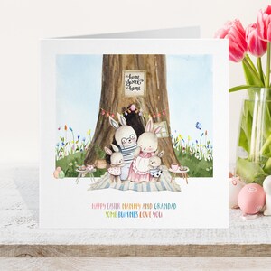 Carte de Pâques - carte de voeux personnalisée de famille lapin grands-parents, carte de lapin de Pâques, aquarelle chasse aux oeufs petit-fils petite-fille enfants