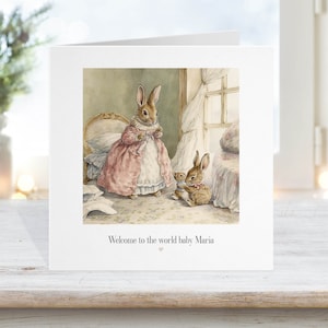 Nouvelle carte bébé fille, carte de baptême filles, robe rose lapin, illustrations aquarelle, petite-fille fille, félicitations arrivée 6