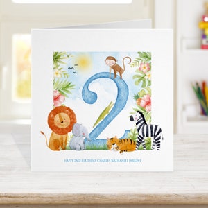 Safari 2. Geburtstagskarte, personalisierte Geburtstagskarte, Kindergeburtstagskarte, jedes Alter und passende Safari Geschenkpapier Geschenkanhänger erhältlich