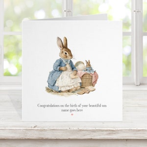 Nouvelle carte de bébé garçon, carte de baptême de garçons, chemise bleue de lapin, illustrations d'aquarelle, fils petit-fils filleul, félicitations arrivée 10