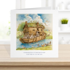 Tarjeta de bautismo del Arca de Noé de la Biblia, tarjeta de barco de bautizo personalizada, padrino, madrina, padrino, Dios, Jesús, religioso, caprichoso NA8