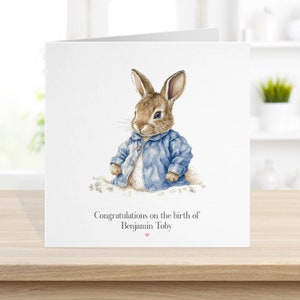 Nouvelle carte de bébé garçon, carte de baptême de garçons, chemise bleue de lapin, illustrations d'aquarelle, fils petit-fils filleul, félicitations arrivée 8