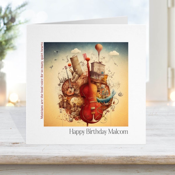 Music Birthday Card, Cello violin, musical musician card, birthday card for musician, Musical Instruments greeting card, dad son band member