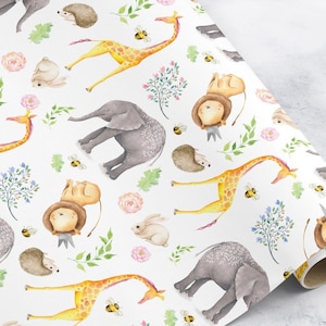 Rollo de papel de regalo Safari Jirafa León Elefante para bautizo, Envolver regalos de cumpleaños, Envolver regalos para niñas y niños, Papel de regalo Reino Unido