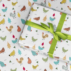 Rollo de papel de regalo navideño con forma de pollo, gorros de Papá Noel, árboles de Navidad con gallinas y pollos de colores, papel navideño de granja, papel novedoso y divertido para fiestas en el Reino Unido