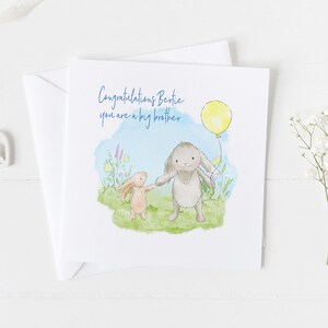 Personalisierte neue Big Brother Schwester Karte, niedlicher Kaninchenballon, passendes Geschenkpapier, neues Baby neue Enkelin Enkel Neffe Nichte