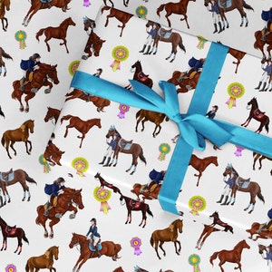 Horse Birthday Wrapping Paper, Show Jumping gift wrap sheet or roll, cute fun pony cob Shetland welsh equestrian, horsey saddle bridle tack