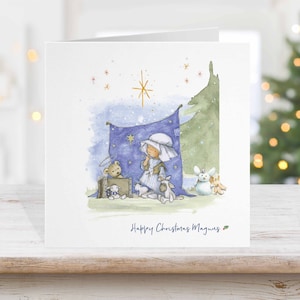 Nativity Card, Nativity set scene, carte de la nativité, Kids Christmas card, Watercolour Christmas card nativity play Shepherd Boy Sheep