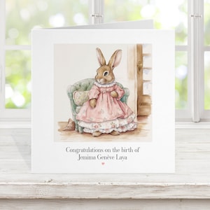 Nueva tarjeta de niña, vestido rosa de conejo, ilustraciones de acuarela, tarjeta de bautizo de niñas, hija nieta, felicitaciones de llegada 2