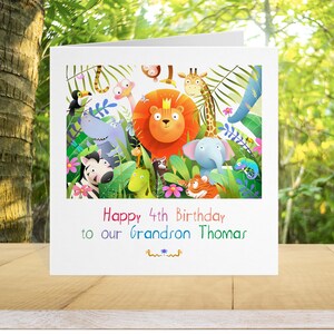 Cartão de aniversário personalizado leão, cartão de aniversário infantil Safari Animal da selva, qualquer idade e etiquetas de presente de papel de embrulho safari correspondentes disponíveis