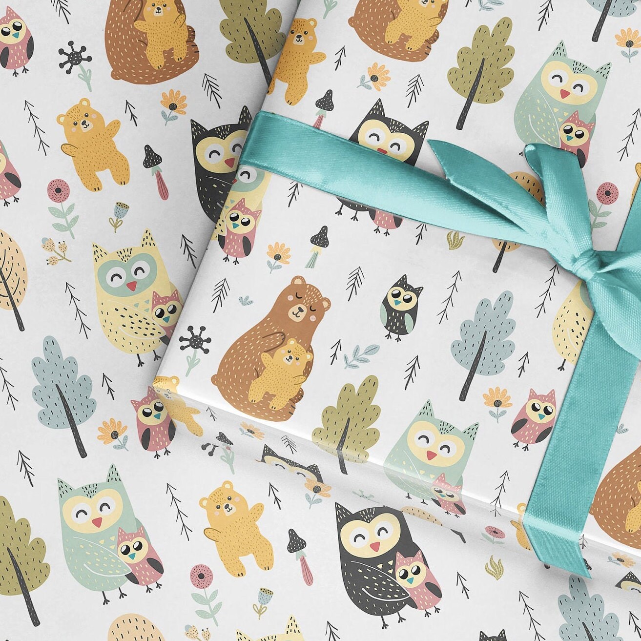 Owl and Bear Gift Wrap: Contemporary Kids Wrapping Paper