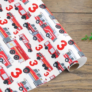 Rotolo di carta da regalo per camion dei pompieri di qualsiasi età, 1°, 2°, 3°, 4° e 5° compleanno, carta per compleanno dei bambini, camion dei pompieri, pompieri, autopompe, caserma dei pompieri