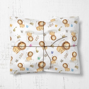 Papier d'emballage Lions et Couronne, emballage cadeau bébé, cadeau garçon, papier cadeau fille