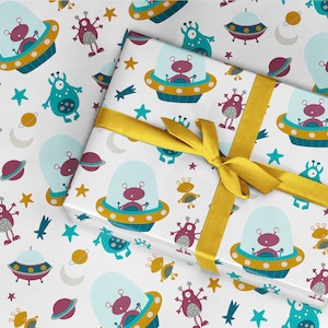 Inpakpapier buitenaards ruimteschip, inpakpapier voor verjaardag in de ruimte, cadeaupapier ruimteschip voor kinderen, inpakpapier voor kinderen, kleine groene mannetjes