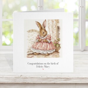Nueva tarjeta de niña, vestido rosa de conejo, ilustración de acuarela, tarjeta de bautizo de niñas, hija nieta, felicitaciones de llegada 1
