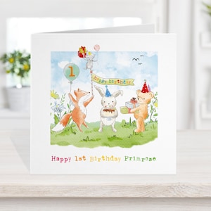 Biglietto di compleanno personalizzato per bambini carini, biglietto di compleanno per bambini di qualsiasi età, regali di candele per torta di compleanno con invito a una festa con animali, 1° 2° 3° 4°