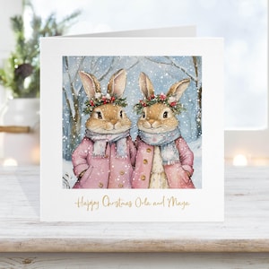 Carte de Noël de petite-fille, carte de petit-fils et petits-enfants, carte de Noël de jumeaux garçon et fille, carte de Noël d'enfants, carte de Noël de lapin