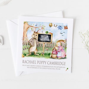 Cartões de convite de batismo, batizado personalizado, chá de bebê de batismo, dia de nomeação de aniversário, convites para celebrações de festa, família de coelhos