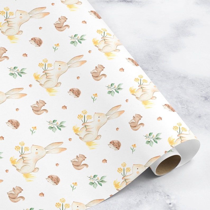 1st Gift wrap for Easter Bunny Wrapping paper watercolour illustrations Squirrel Wrapping paper for Hedgehog animal wrapping paper