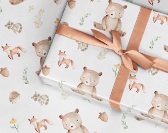 Bear Wrapping Paper Roll: Woodland Birthday Gift Wrap and Gift Tags